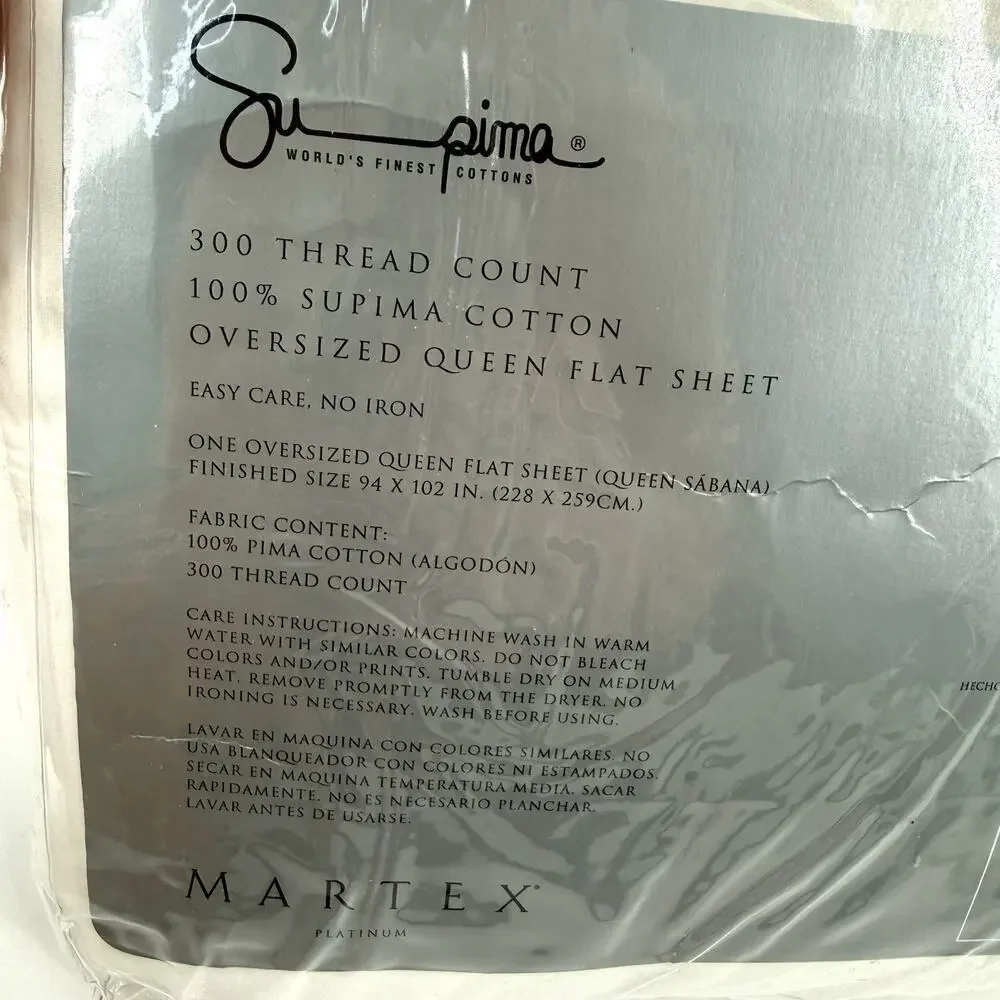 MARTEX 300 Thread Count 100% Supima Cotton Ivory Oversized QUEEN Flat Sheet